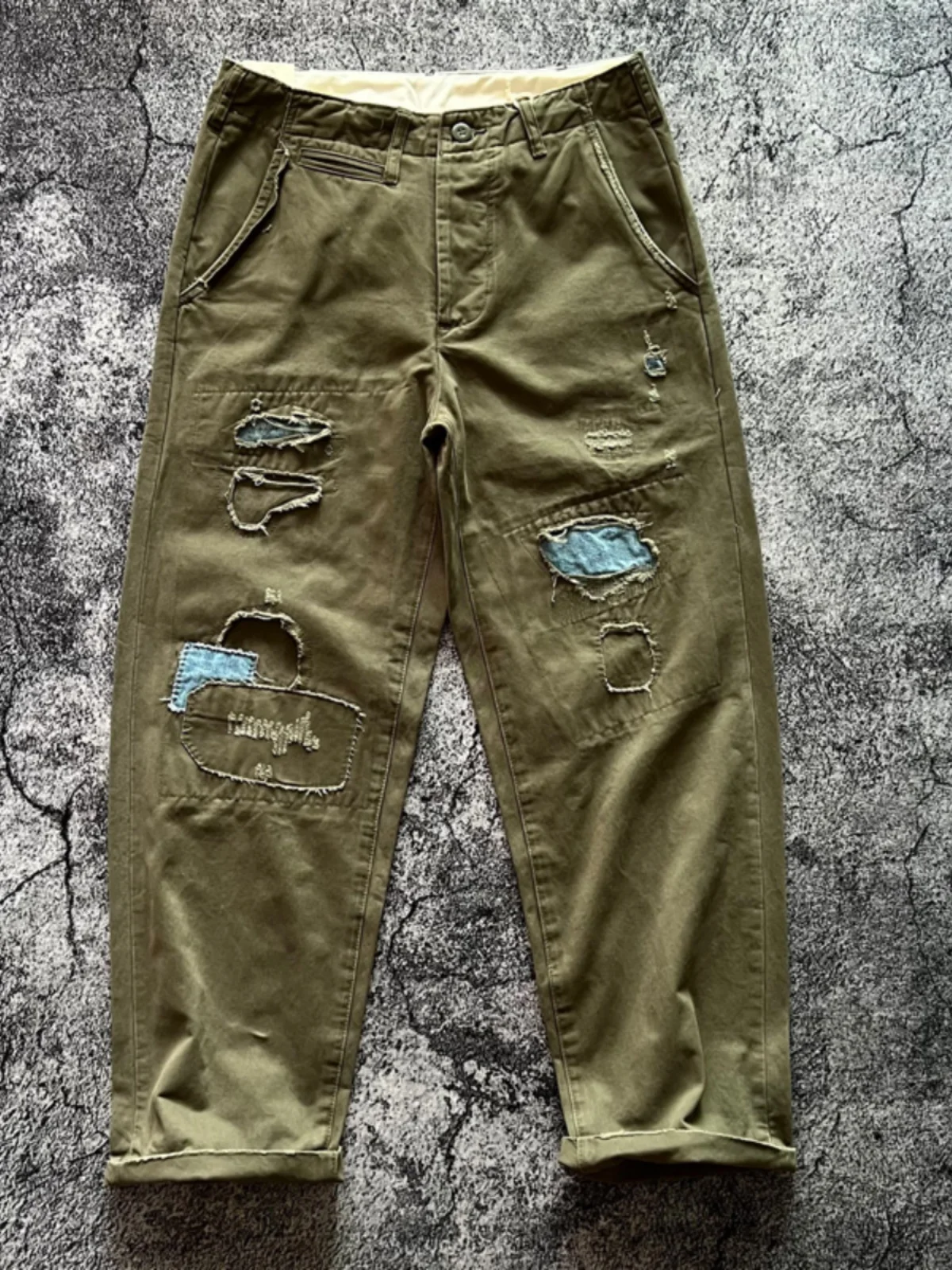 

Retro Japanese Sle Pure Cotton Casual Loose Straight Leg Long Pants Worn out Patchwork Durable Youth Faion Autumn Winter ...