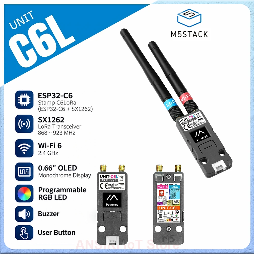 M5STACK C6L 고집적 LoRa 통신 모듈, ESP32-C6, SX1262, 0.66인치 OLED, RP-SMA 안테나 포트, IoT 통신용