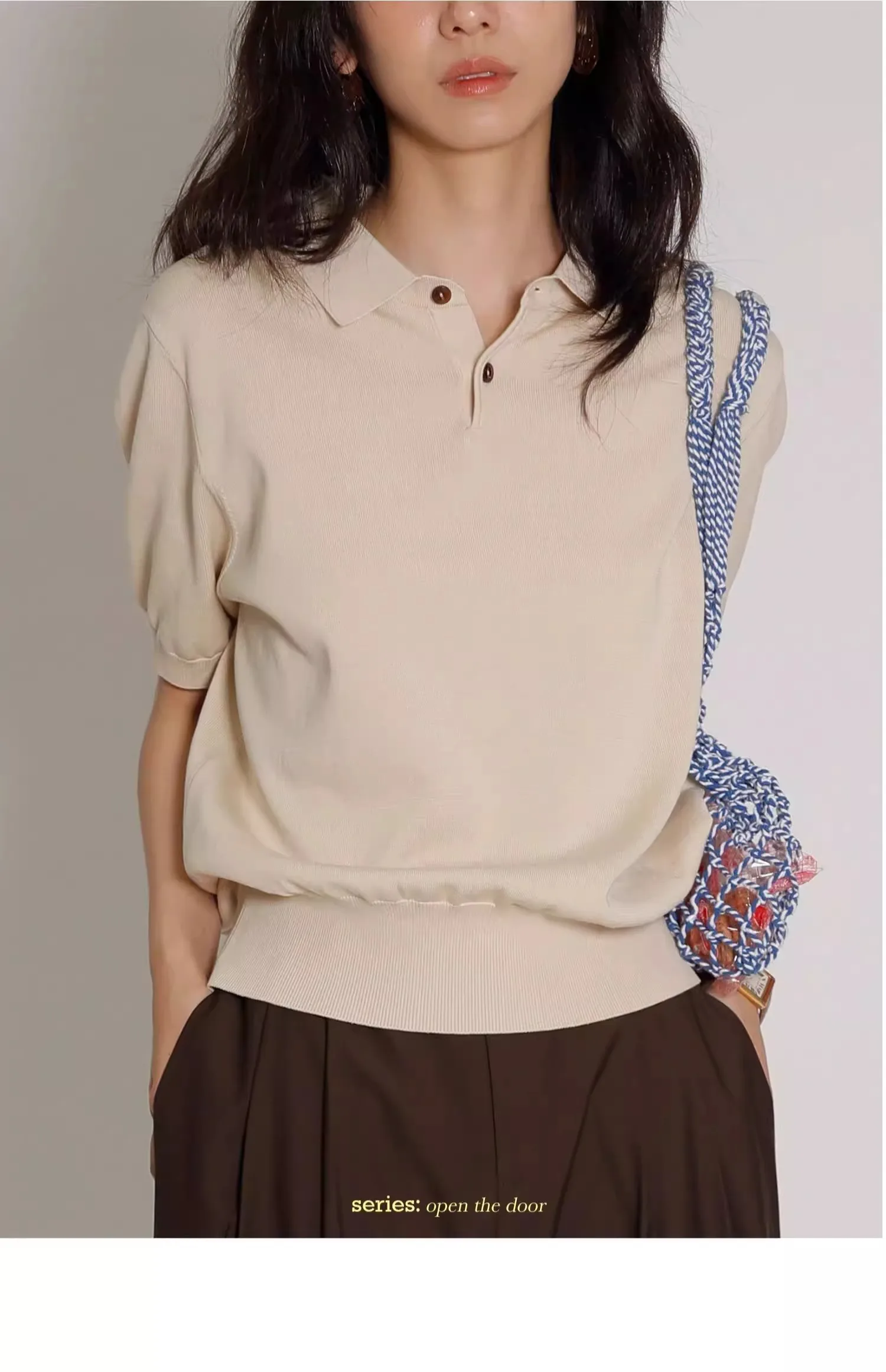 Blue ice silk knitted polo shirt shoulder short sleeve T-shirt women\'s summer thin French high-grade lapel top