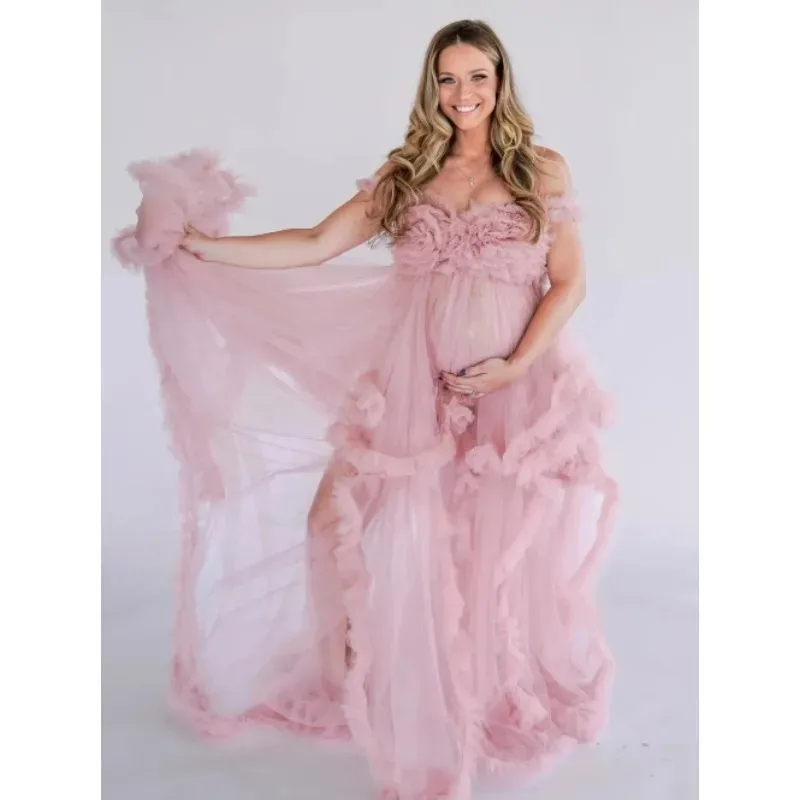 Maternity Tulle Maxi Dress Photography Prop, Ruffled Sheer Overlay Gown with Train, Flowy Plus Size Pregnancy Photoshoot Outfit,