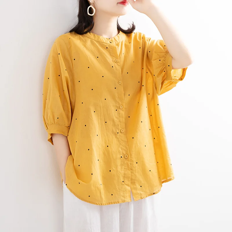 Women's Cotton Linen ort Sve irt round Ne Polka Dot Casual Top Comfortable Breathable Summer Faion