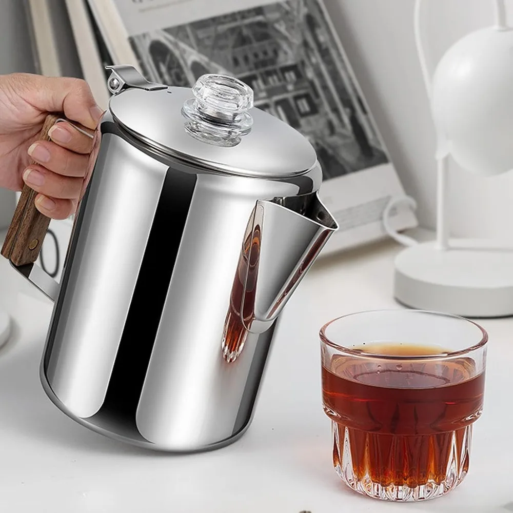 9 Cup Capacity Camping Percolator Coffee Pot Removable Lid Stainless Steel Material Stovetop Coffee Maker Wood Handle