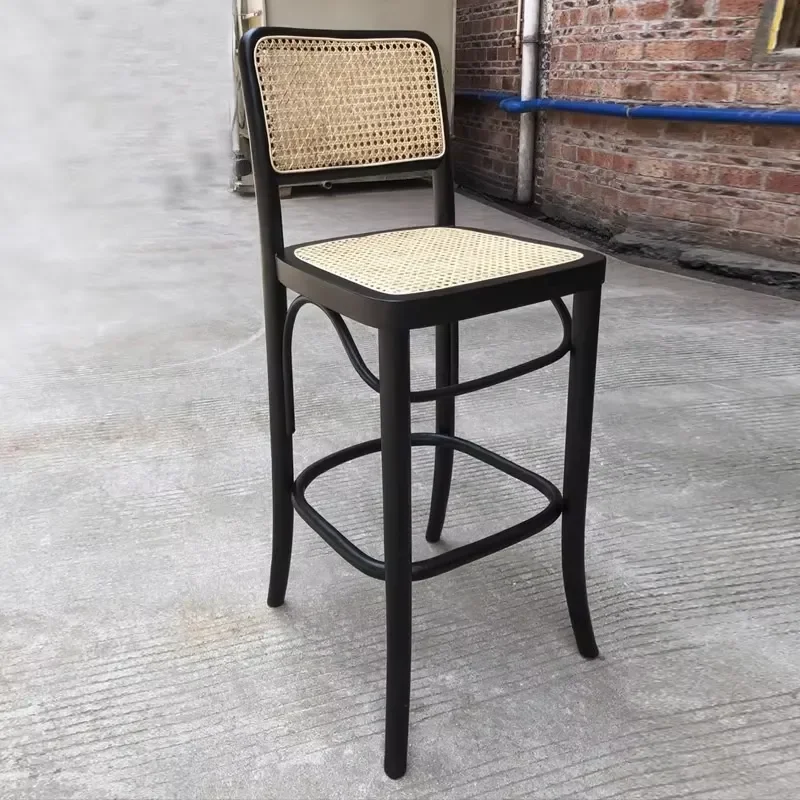 Nordic Modern and Simple Bar Stools Solid Wood Rattan Weaving Art High Chairs
