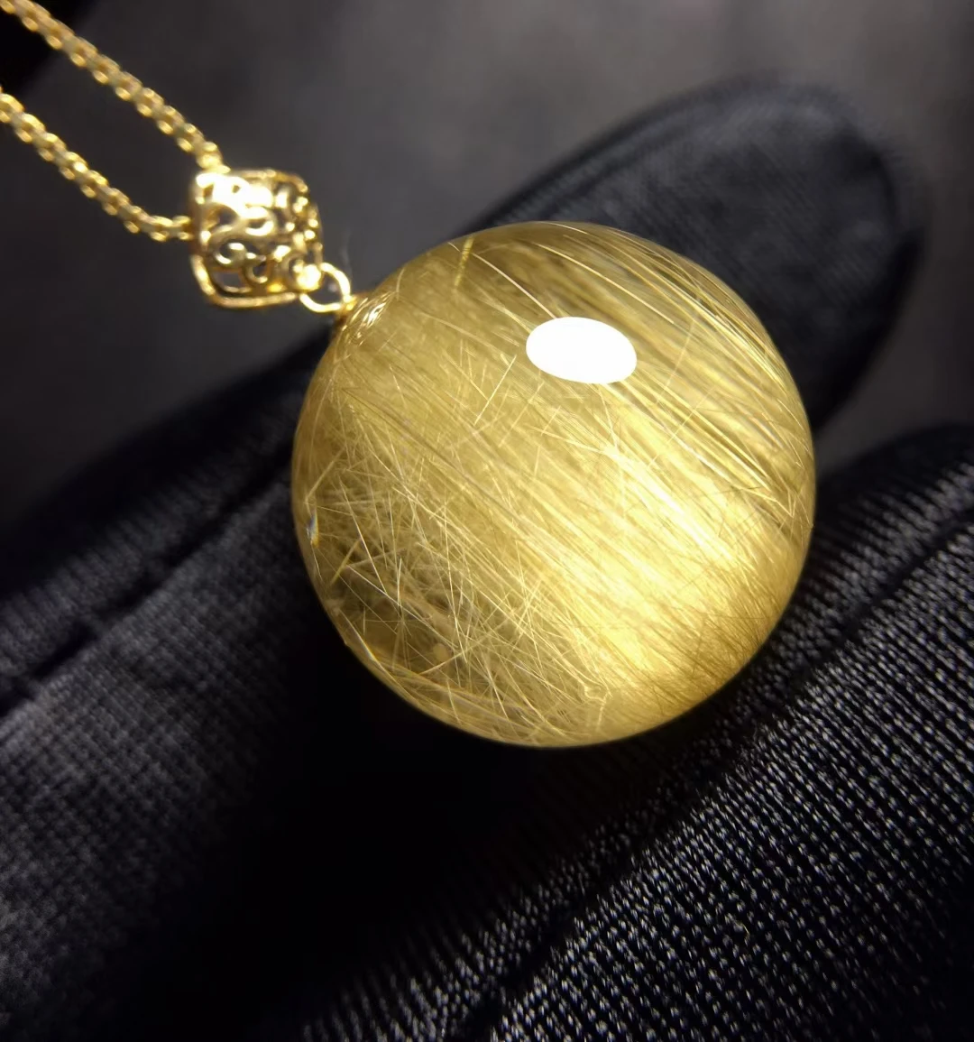 

Natural Gold Rutilated Quartz Pendant 18K Gold Rutilated Quartz Jewelry 15.8mm Round Sphere Men Women Brazil AAAAAAA