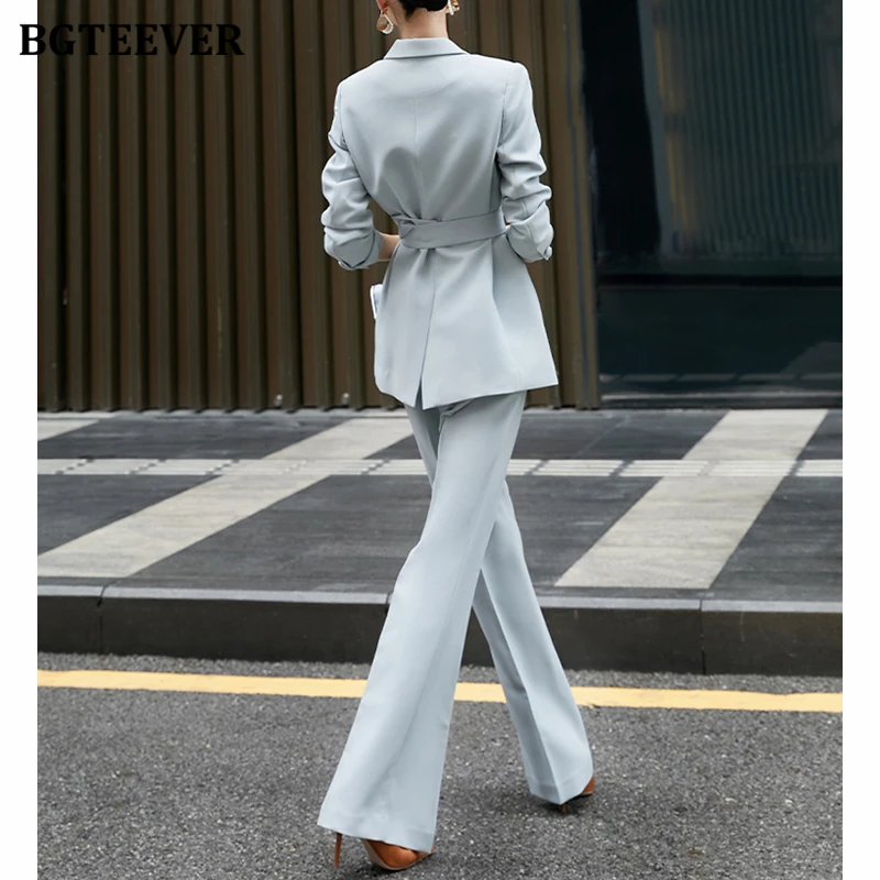 BGTEEVER Two Pieces Blazer Set Women Double Breasted Belted Jackets & Suit Pants Ladies Trousers Suits Autumn Outfits Female