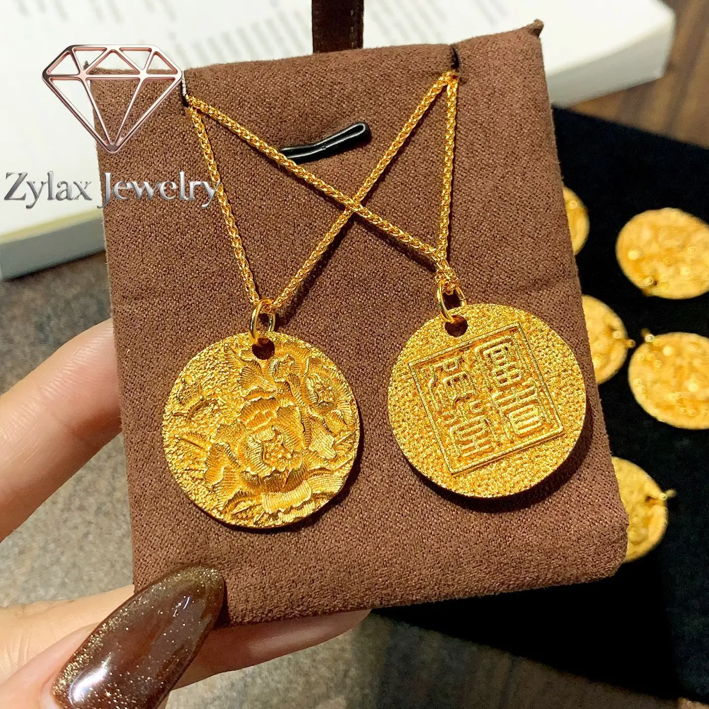 

Zylax Jewelry Luxury 24K 9999 Pure Gold real gold Women's Ancient Filigold Round Embossed Peony Pendant Necklace