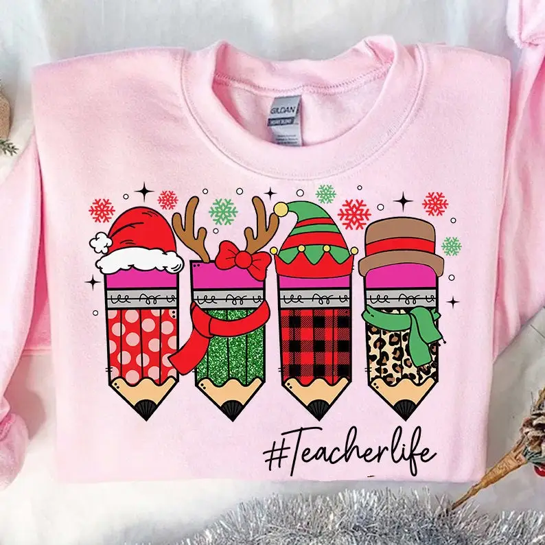 Cute Cotton Christmas Pencil Women Sweatshirt 2023 New Voguish Teacher Life Christmas Femmale Sweater School Party Girl Shirt