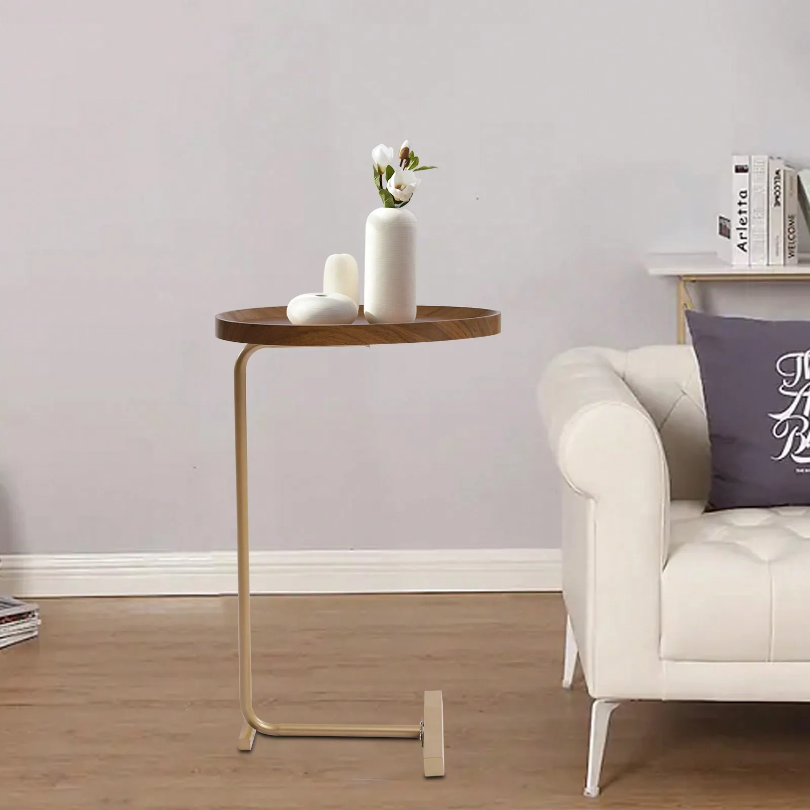 

C Shaped End Table Side Table Small Gold Sofa Table Couch Snack Table Unique Almond Tabletop Home Decor 18x12inch