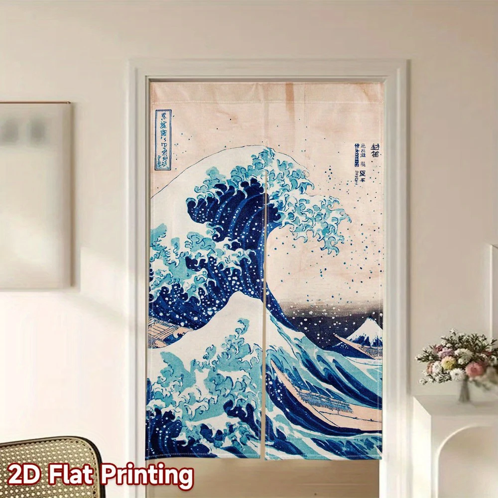 VIKAMA Great Wave Ukiyo-e Noren Curtain Mountain Sea Print Half Door Kitchen Bedroom Divider Decor