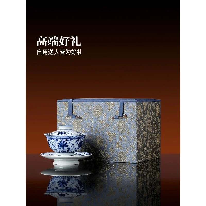 Ceramic hand-painted blue and white underglaze color three-way cover, high-end gift for making tea bowls