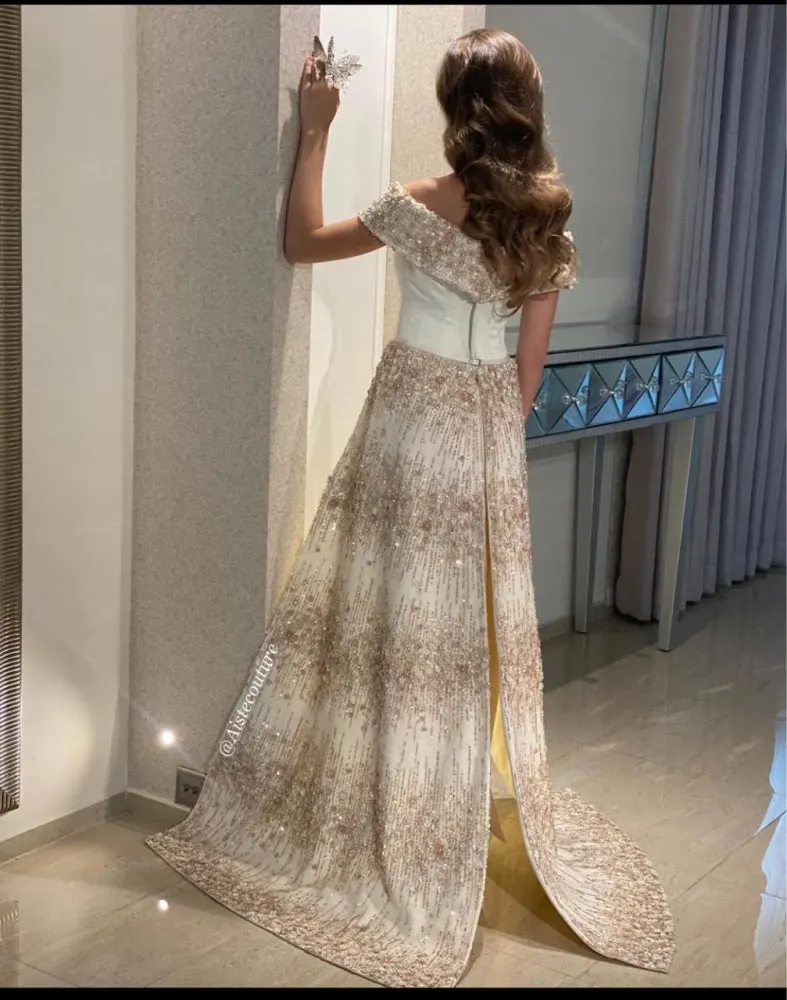 Luxurious Hot Sale Off the Shoulder Satin Beaded Bow Sheath فساتين السهرة vestidos de fiesta فساتين سهره evening dresses