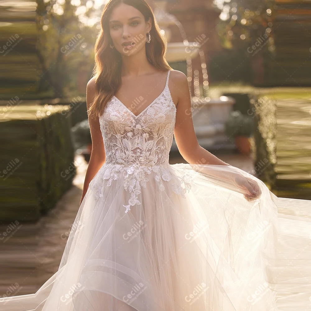 فساتين زفاف براقة زي العرائس الأنيق ألف خط تول المتدرج الجلباب السباغيتي الأشرطة 2025 مخصص Vestidos De Novia 2026