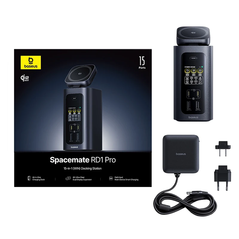 Baseus 15-in-1 dockingstation 160W USB-C hub met Qi2.2 25W draadloos opladen, 2 HDMI 4K@120Hz/60Hz, inclusief 180W GaN adapter hub