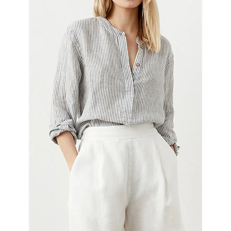 

foreign trade women's clothing2025Women's Long-Sleeved Stand Collar Shirt Half-Open Striped Cotton and Linen Casual Shirt