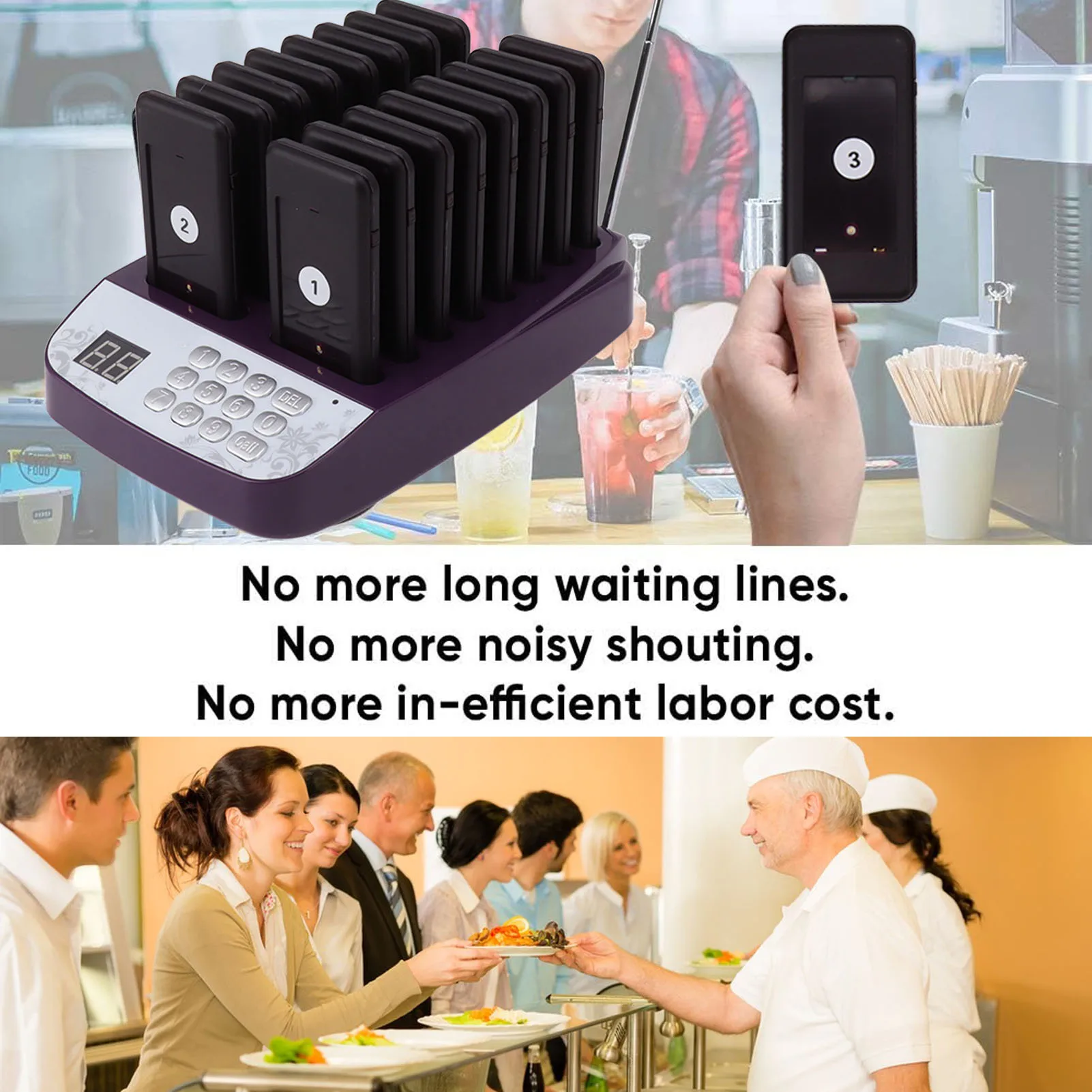 Pager System Purple Wireless Long Battery Life Guest Buzzers 100-240V 3 Alarm Method for Restaurants