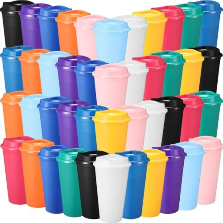 Paquete de 45 vasos reutilizables de 16 oz para café con tapas, botella de agua, taza de viaje para café helado, vasos de plástico portátiles reutilizables para té, al por mayor