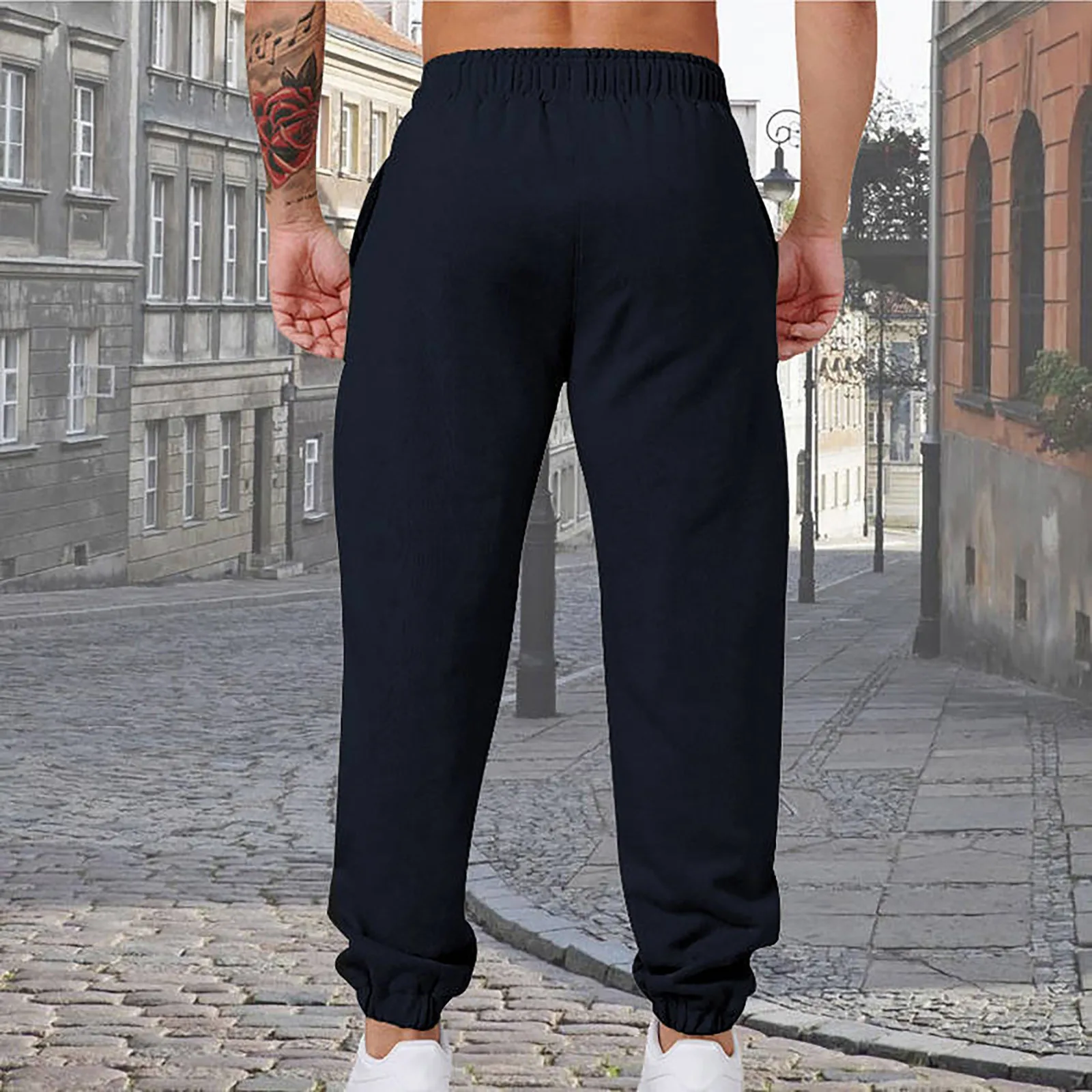 Calça de espartilho esportiva respirável masculina, calça comprida casual solta, cordão de cintura média, moletom elástico, cor sólida