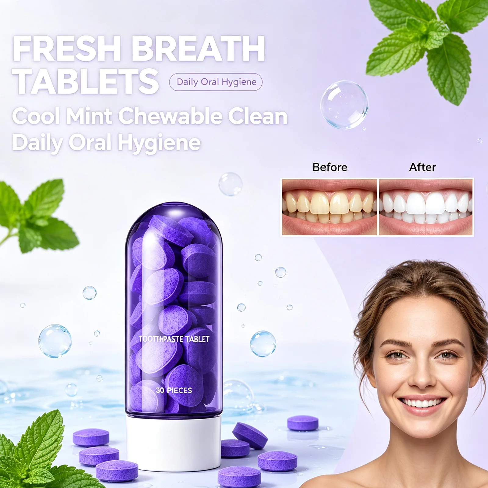 Purple Chewable Toothpaste Tablets Mint Fresh Oral Deep Cleaning Stain Removal Fresh Breathing Business Trip Outdoor Activities