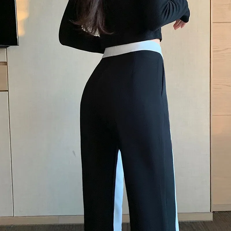 Pantalones informales con contraste en blanco y negro para mujer, pantalones ajustados de cintura alta hasta el suelo, pantalones de pierna ancha versátiles de estilo coreano