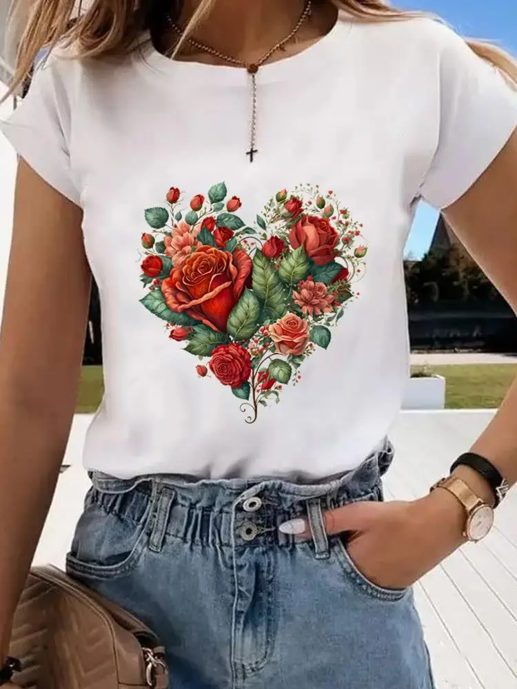 Camiseta con estampado de flores de amor para mujer, ropa con cuello redondo, ropa estampada de manga corta, Top de mujer