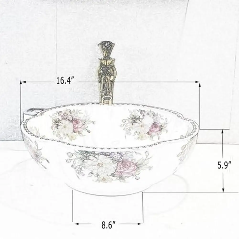 White Peony Design Ceramic Bathroom Vessel Sink Above Counter Vanity Bar Cloakroom Unique Chinese Flower Shape Heavy Duty