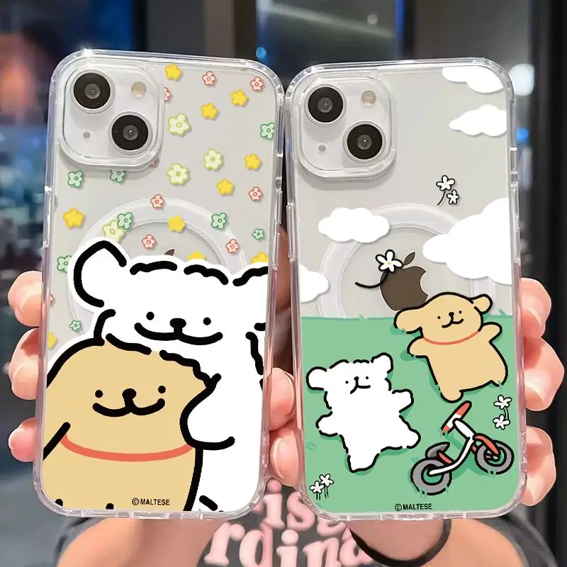 Korea Cute Line puppy Magsafe Magnetic Phone Case for iPhone 16 15 14 13 12 11 8 7 Plus Pro Max X XR XSMax Soft Clear Tpu Cover