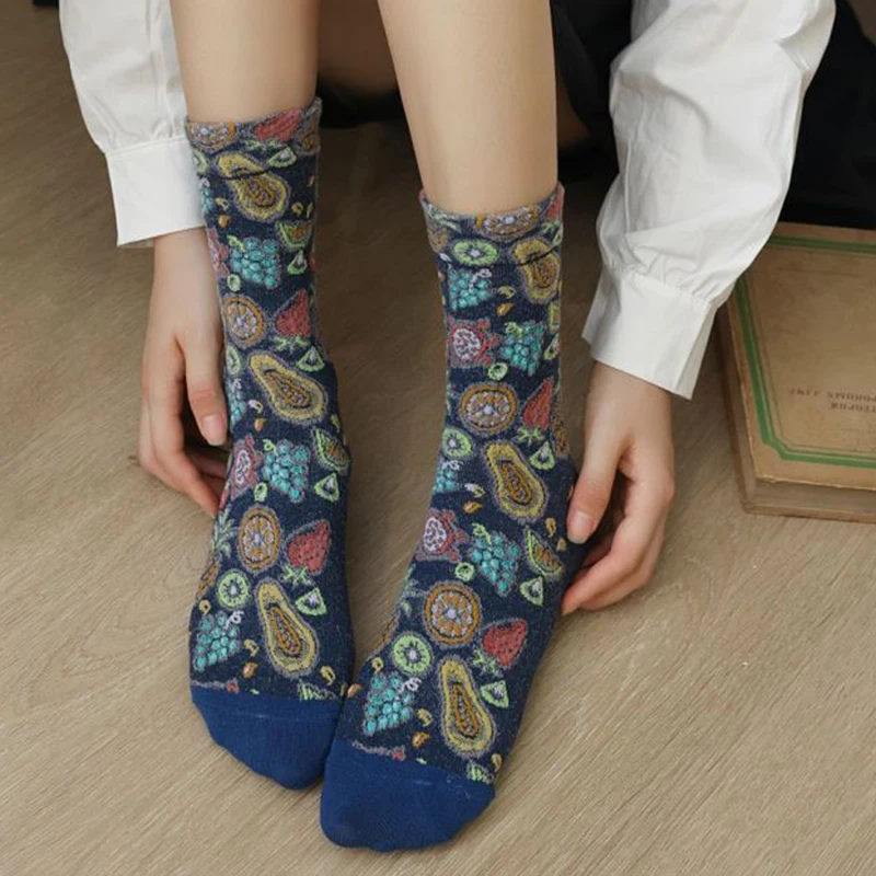 3 Pairs Korean Style Women Socks Ethnic Print Pattern Autumn Winter Cotton Socks Middle Tube Breathable Designer Sokken Vrouwen