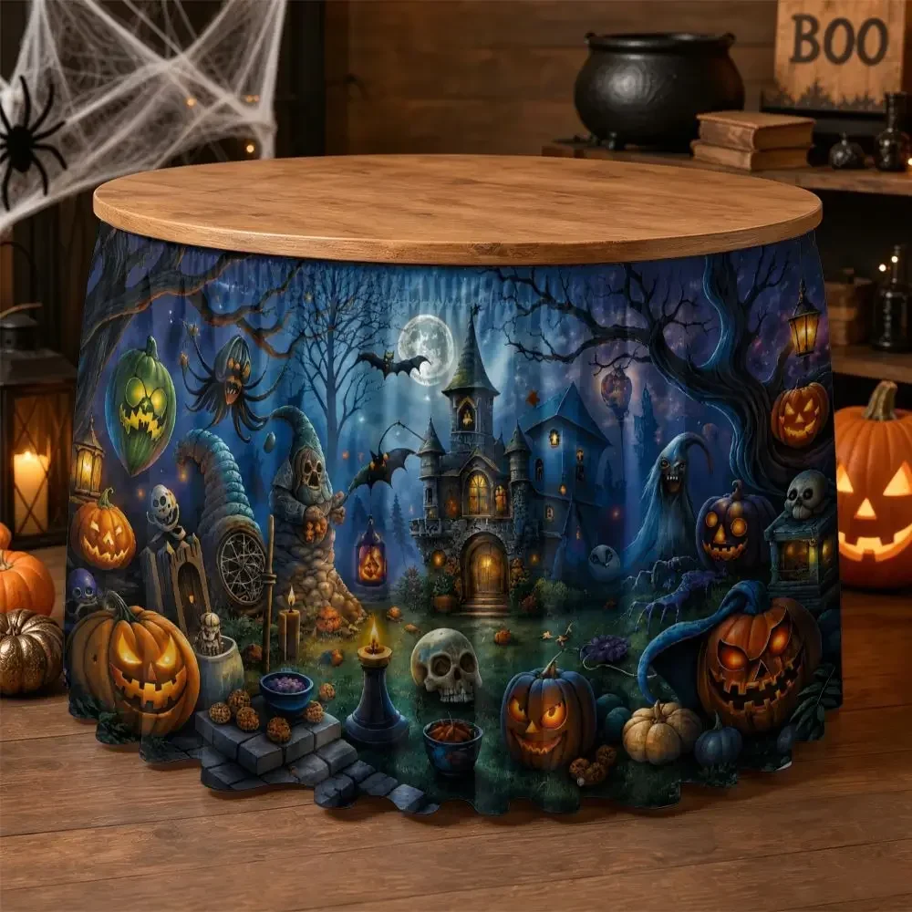 1 piece of Halloween party tablecloth with a scary pumpkin scene print. Quick-install tablecloth. Suitable for Halloween.xzj
