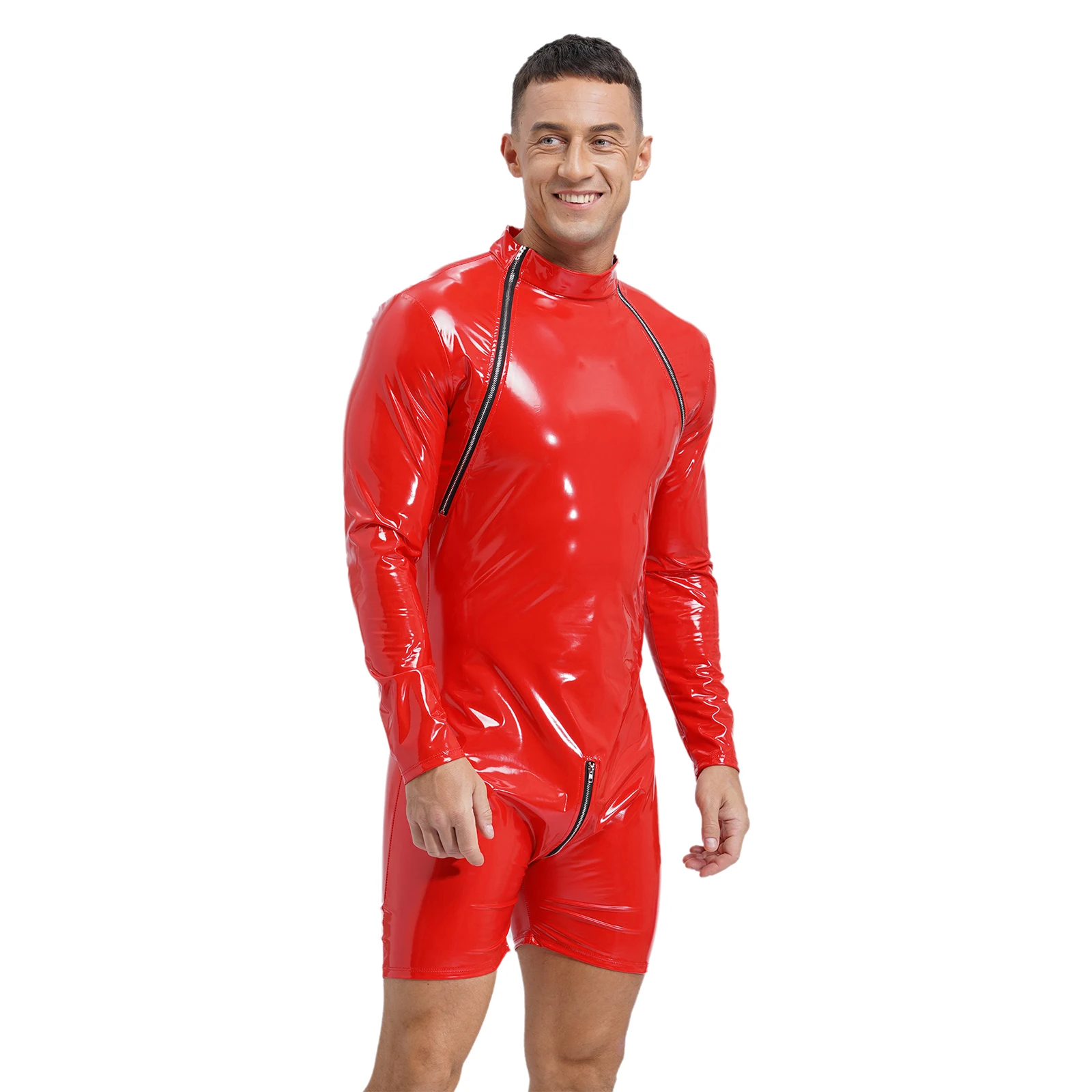 Sexy Mens Shiny Patent Leather Overall Bodysuit Zipper Boxer Wrestling Singlet Latex Catsuit Jumpsuit Wet Look Slim Fit Clubwear