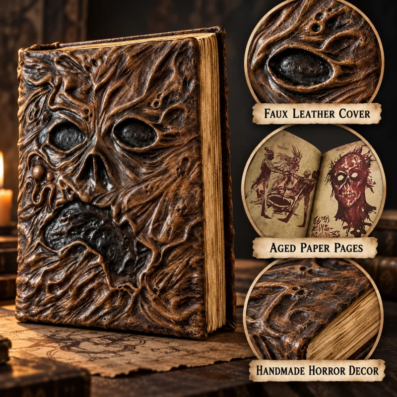 Gothic Horror Grimoire Book with Demon Face Faux Leather Cover Aged Paper Pages Halloween Decoration Collectible Gift