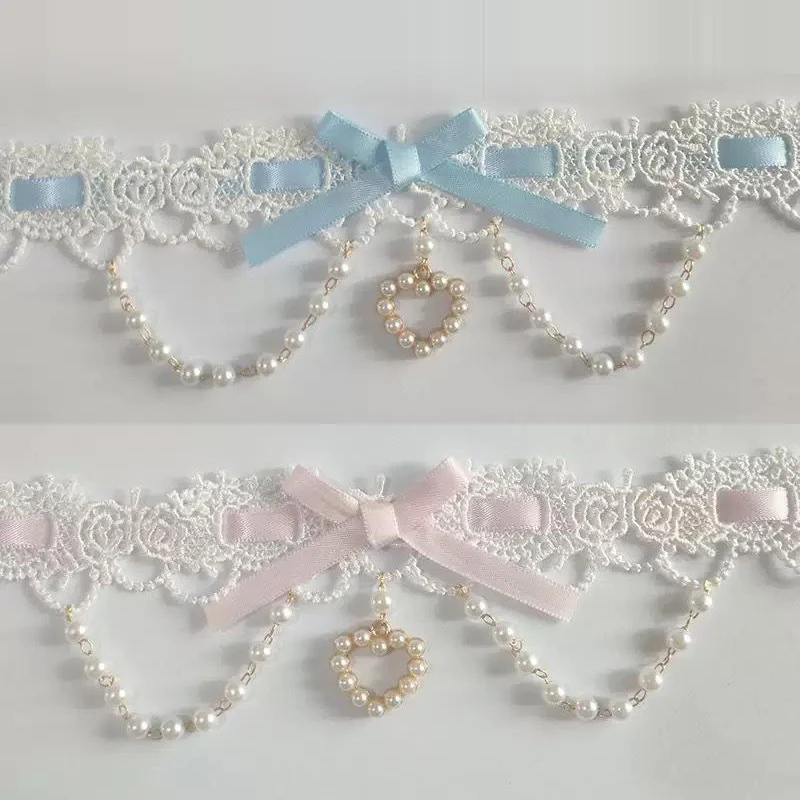 Lolita Pearl Lace Necklace Y2K Ribbon for Women Girls Photo Shoot Bowknot Charm Choker for Girls Romantic Cute Style Jewelry
