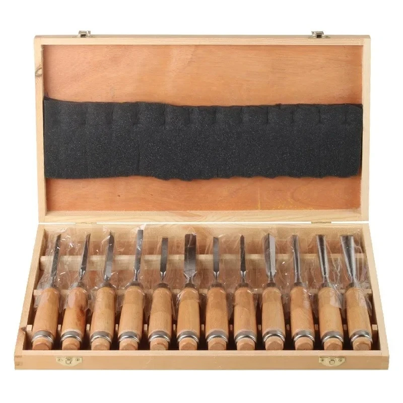 12Pcs Steel Solid Wood Carving Trimming Tool Hand Chisel Set 195mm For Workshop Woodworking Carpentry Lathe Gouges Manual Tools
