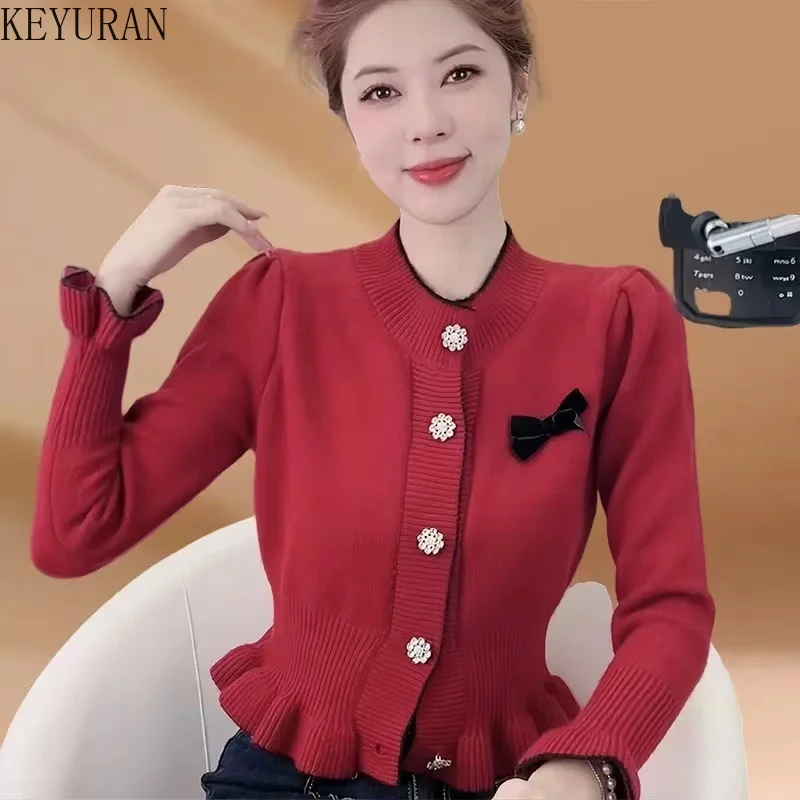 Korean Sweet Bow Knitted Cardigan Women Vintage Long Sleeve Diamond Buttons Single Breasted Sweater Coat Elegant Slim Crop Top