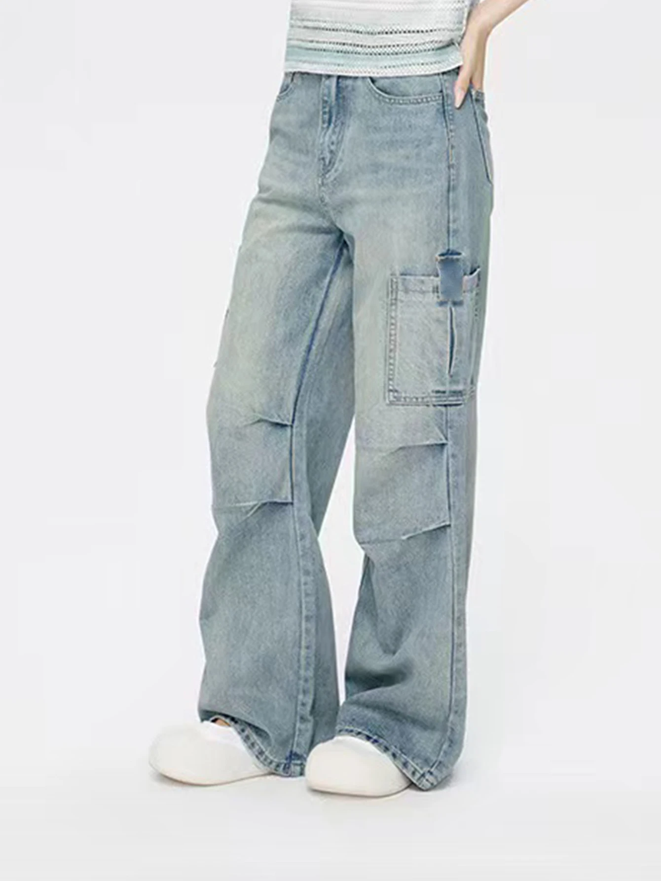 

Teenage girls' versatile casual light blue loose stylish washed denim long pants, vintage slimming