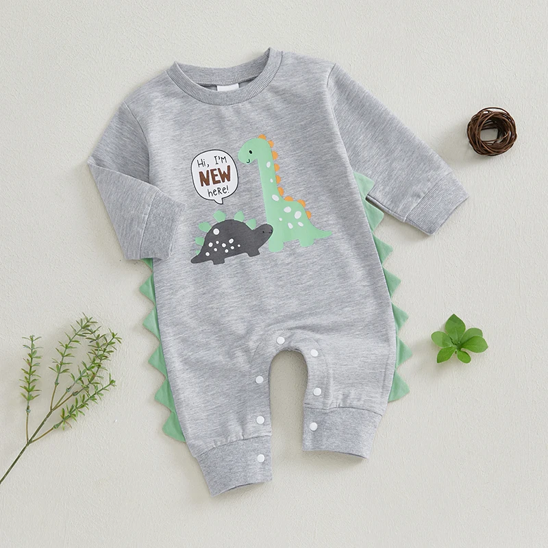 Baby Boys Jumpsuit Long Sleeve Crew Neck Cartoon Dinosaur Print Casual Autumn Newborn Romper Clothes