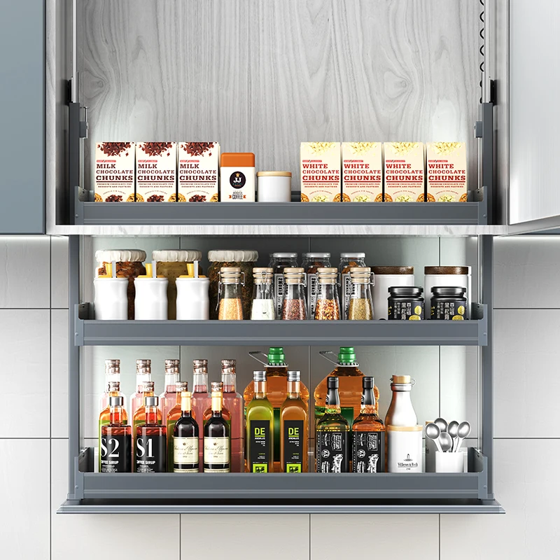 Electric Kitchen Cabinet Design Customized Smart Lift Kitchen Storage 3 Layers Automatic Lift Basket Cabinet