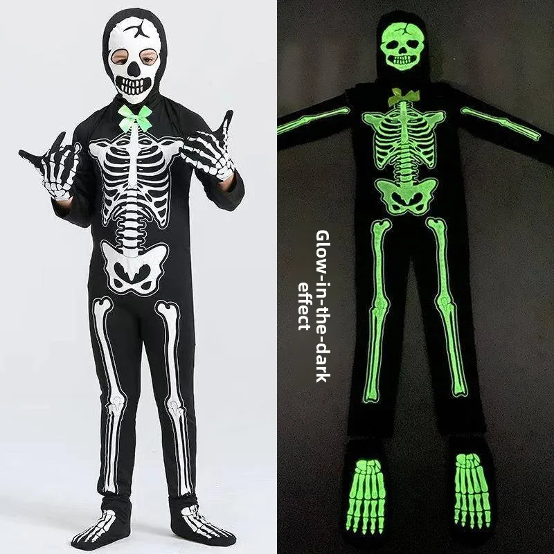 Children's loween Skeleton Costume Luminescent Skeleton Performance Par Outfit Cosplay Dr up Clothes Stage Costume