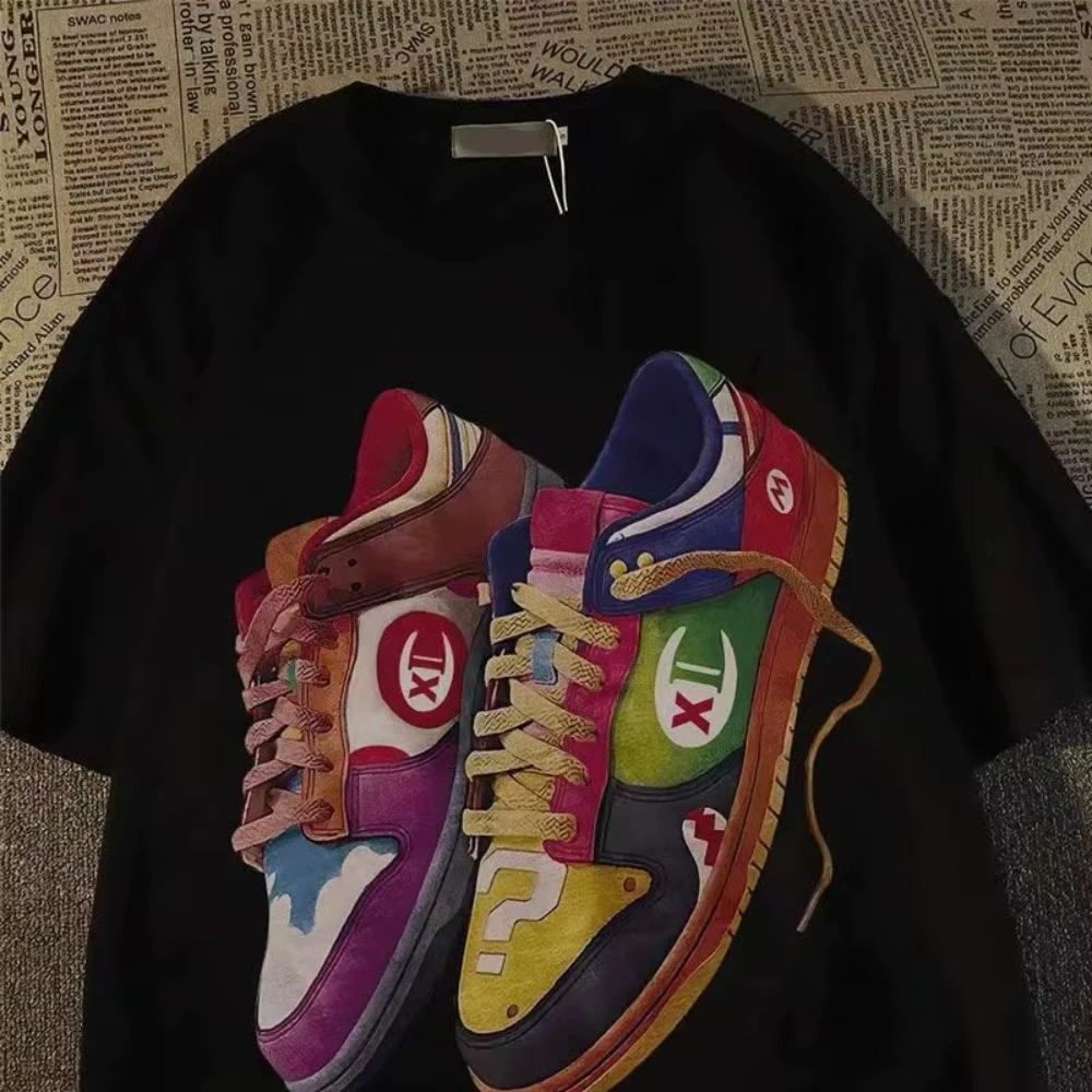 2026 Summer Design Sneaker Printed Retro Short-Sleeved T-Shirt Women's Loose Fit Versatile Trendy Graphic T Shirts Harajuku