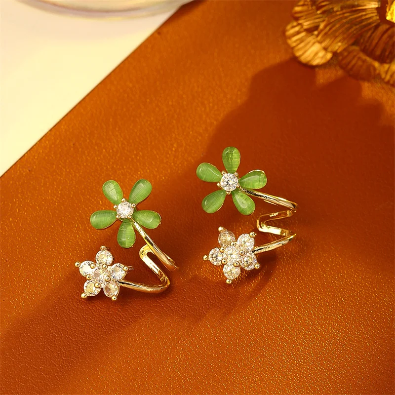 

Green Cat Eye Stone Zircon Flower Earrings For Women Sweet Fashionable Rhinestone Petal Earrings Casual Banquet Jewelry Gifts