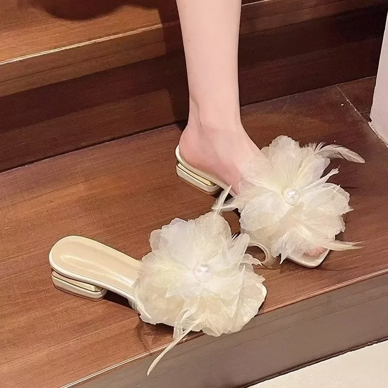 

Женская пляжная обувь во французском стиле, модные новые сетчатые тапочки на плоской подошве на толстом каблуке с цветочным принтом