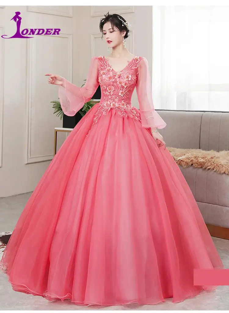 Quinceanera Kleider 2022 Vestidos Die Party Prom V-ausschnitt Langarm Ballkleid Luxus Spitze Appliques Quinceanera Kleid Host Kleid