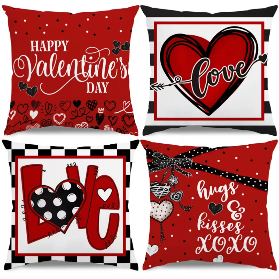 4pcs Red Valentine's Da Cushiony Cover Rose Heart Soft Pillowcase for Home Living Room Bedroom Decoration Nap Companion Office
