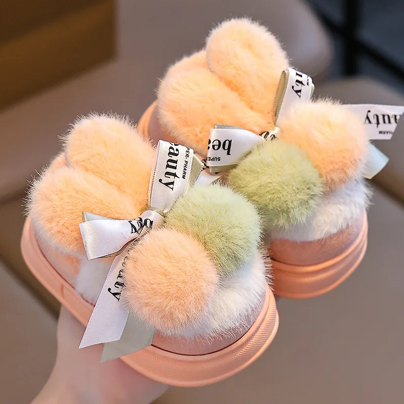 Cute Rabbit Girls Slippers Bow Pom Pom Faux Fur Soft Toddler Children Slippers Winter Plush Warm Kids Home Shoes