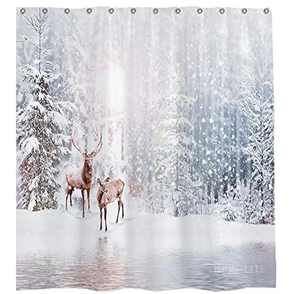 Nature Forest Snowy Scenery Deer Western Town At Night In New World Winter Theme Merry Christmas Shower Curtain