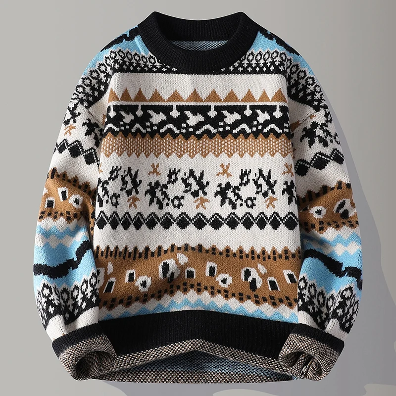 Men Heavyweight Fair Isle Knit Sweater, Crew Neck Vintage Geometric Pattern Long Sleeve Thick Warm Autumn Winter Casual Pullover