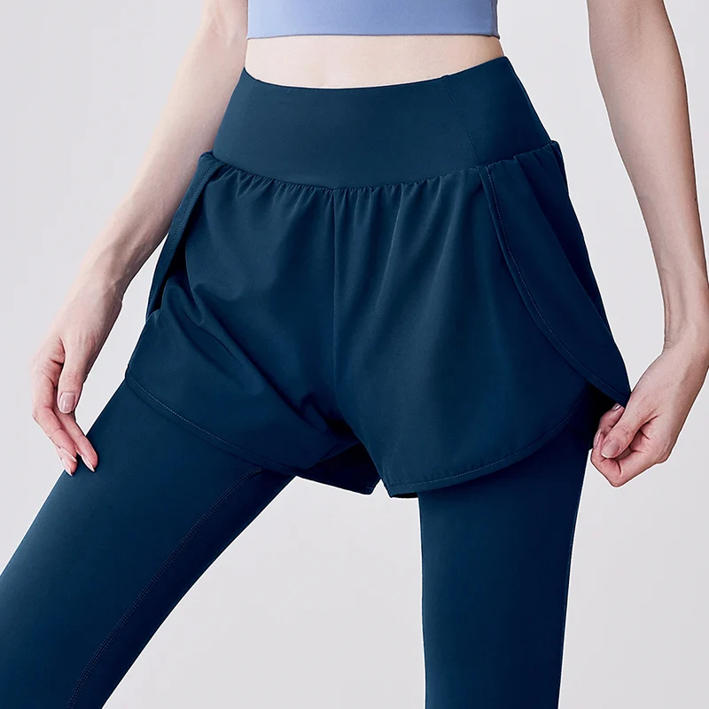 New Women's Yoga Pants Elastic Waist Fake Two Piece Fitness Training Leggings Woman Spring Autumn Pocket Running Sports Leggings