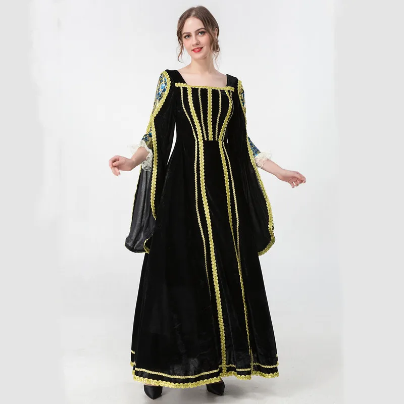 Palace Victoria Medieval Costume Women Cosplay Princess Velvet Flare Sleeve Party Long Robe Dress