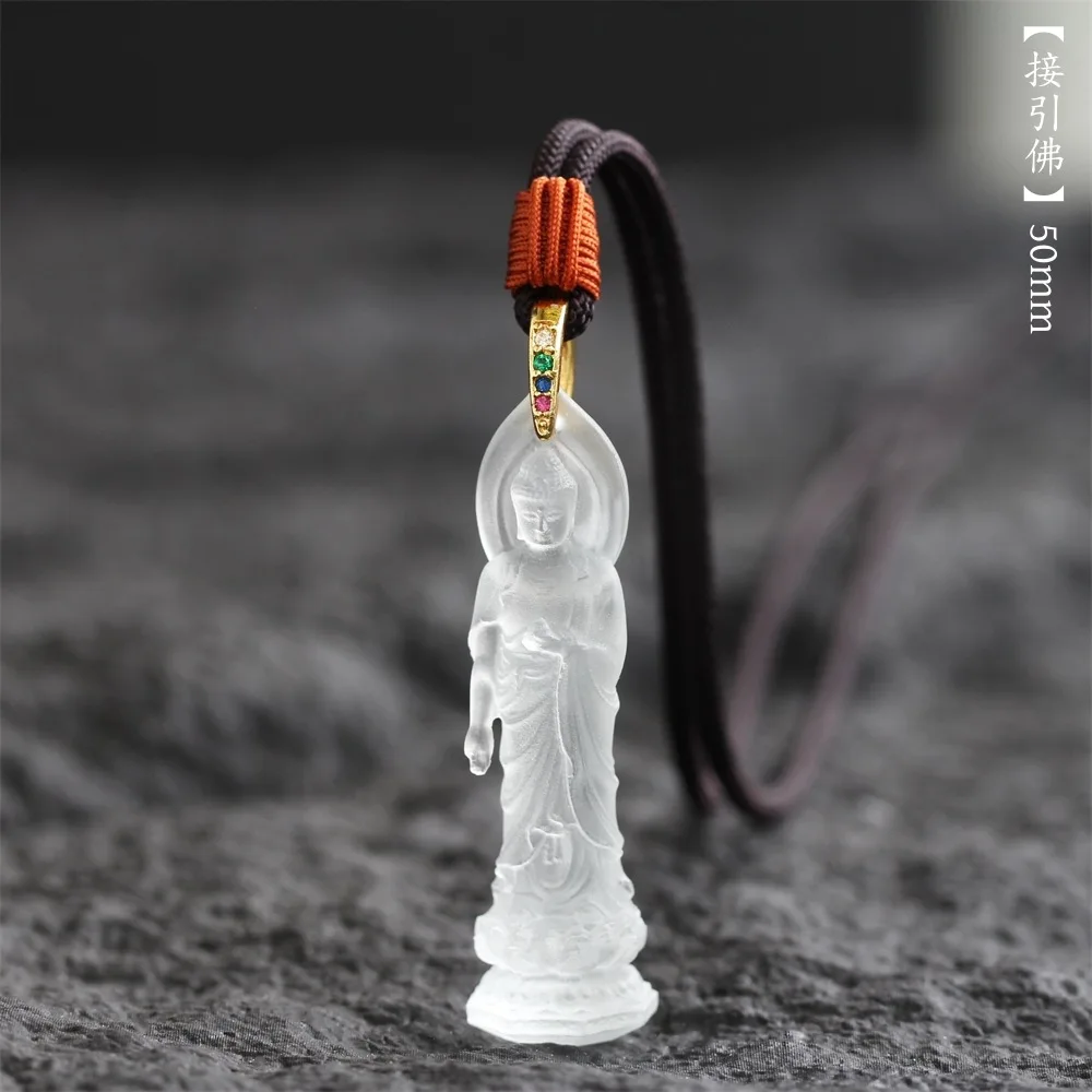 Chinese Style Hand Carved Lucky Frosted Glass Amitabha Buddha Pendant Necklace Blessing Good Luck Protection Spiritual Jewelry