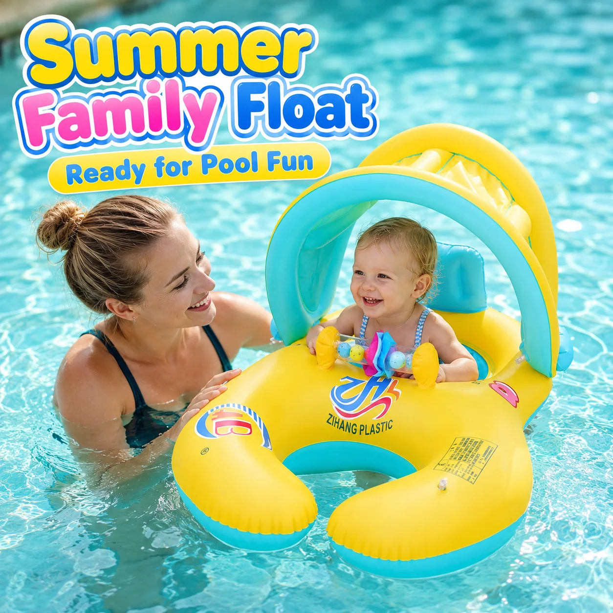 1PC Parent Pool Float with Removable Canopy, Inflatable Swim Ring Seat Backrest, Sunshade Water Toy for Swimming Pool
