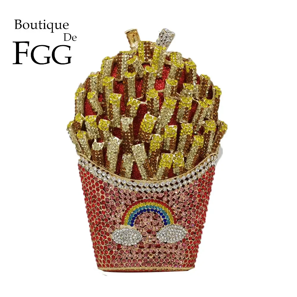 Boutique De FGG (in stock) French Fries Chips Clutch Minaudiere Bag Women Crystal Evening Bag Wedding Rhinestone Handbag Purse